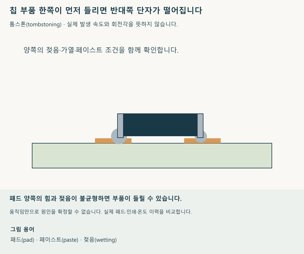 칩 부품 한쪽이 들리며 반대쪽 패드와 떨어지는 모습을 보여 줍니다. 움직임만으로 원인을 확정할 수는 없습니다. 재생 속도와 움직임의 크기는 설명을 위한 것입니다.
